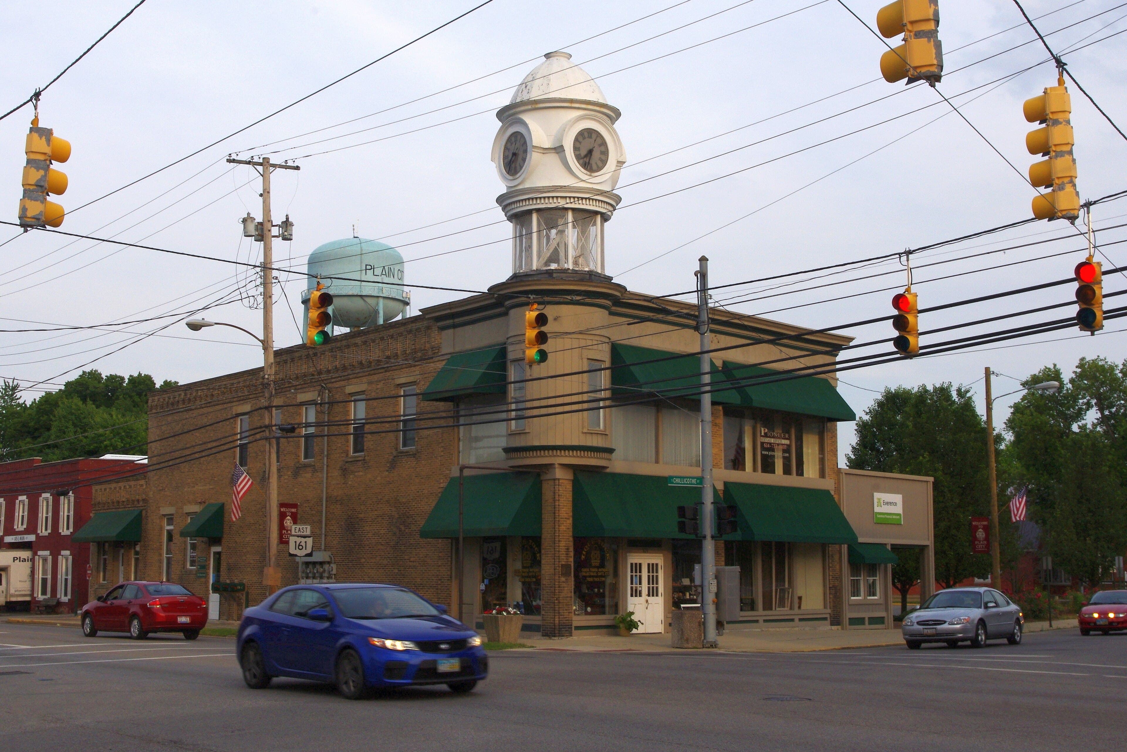 Downtown Plain City, Ohio — clock tower at the intersection of W. Main St and Chillicothe Ave